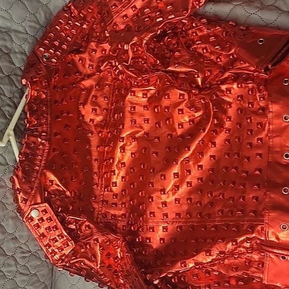 AKIRA Metallic Red Studded Moto Jacket - Picture 3 of 3